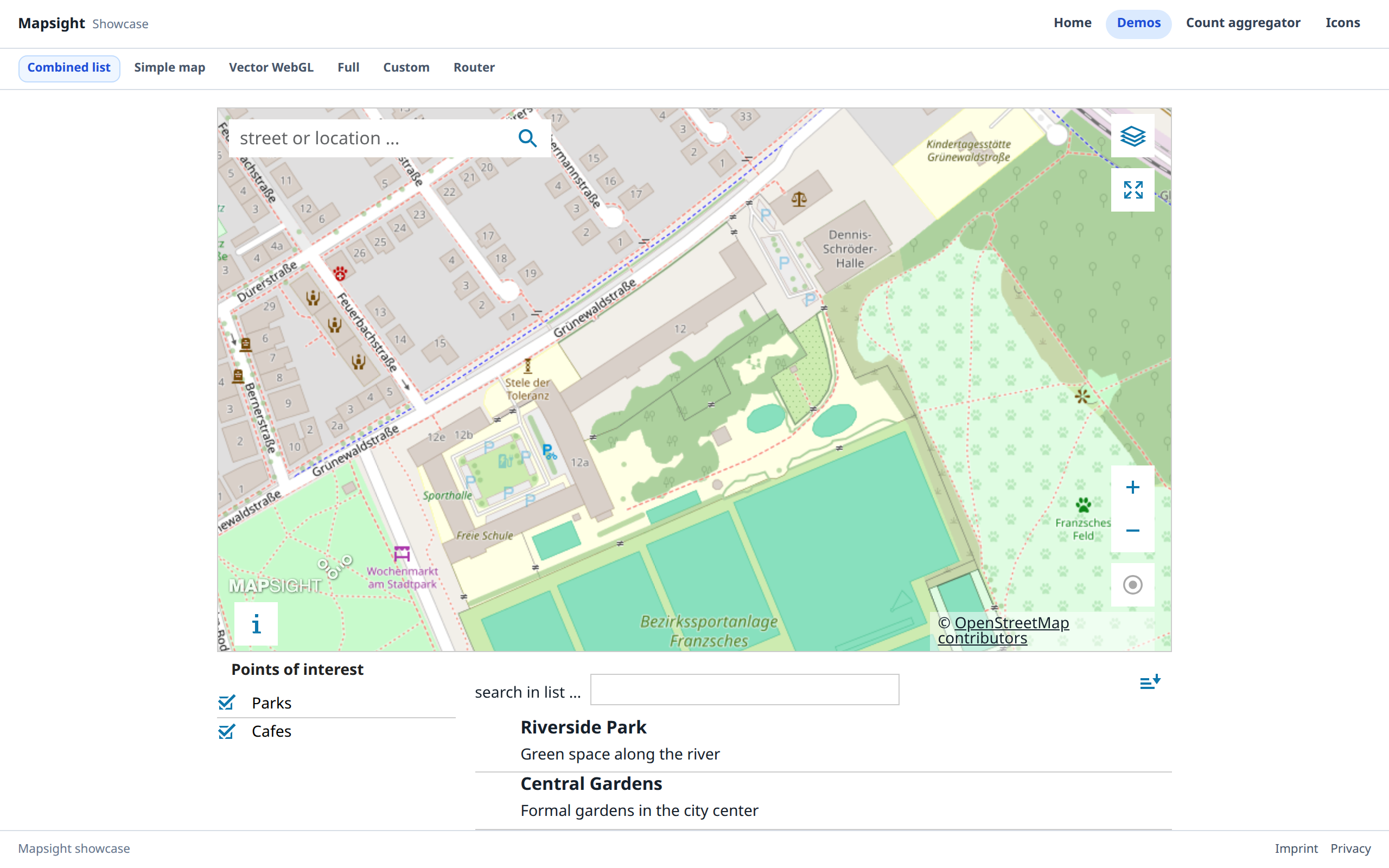 Complete cached Mapsight showcase capture with map, list and original source credits.